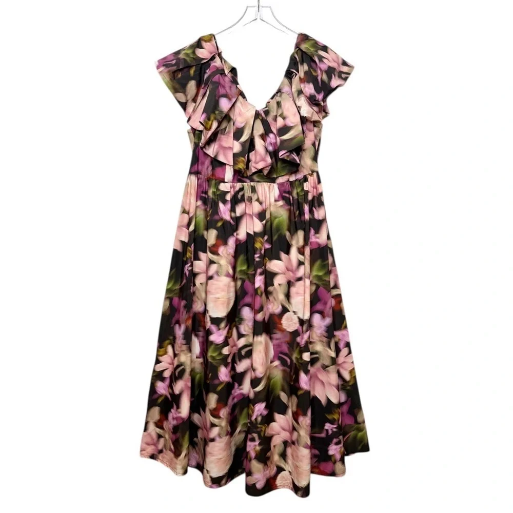 ELOQUII Ruffle Neckline Pink Moody Floral Women’s Midi Dress Sz 16